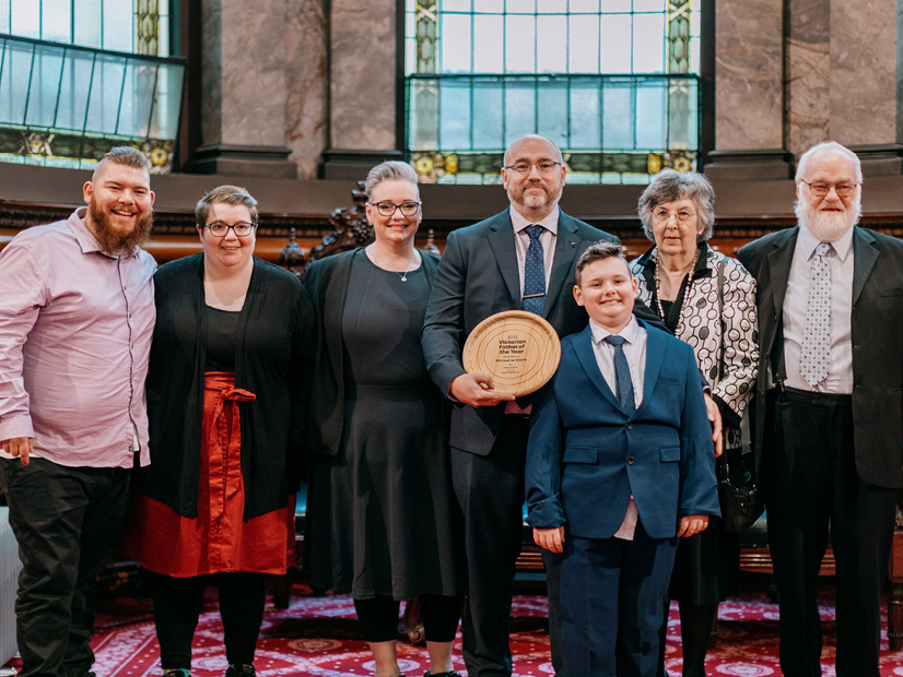 2022 Victorian Father of the Year Michael te Wierik with his family onstage at Melbourne Town Hall