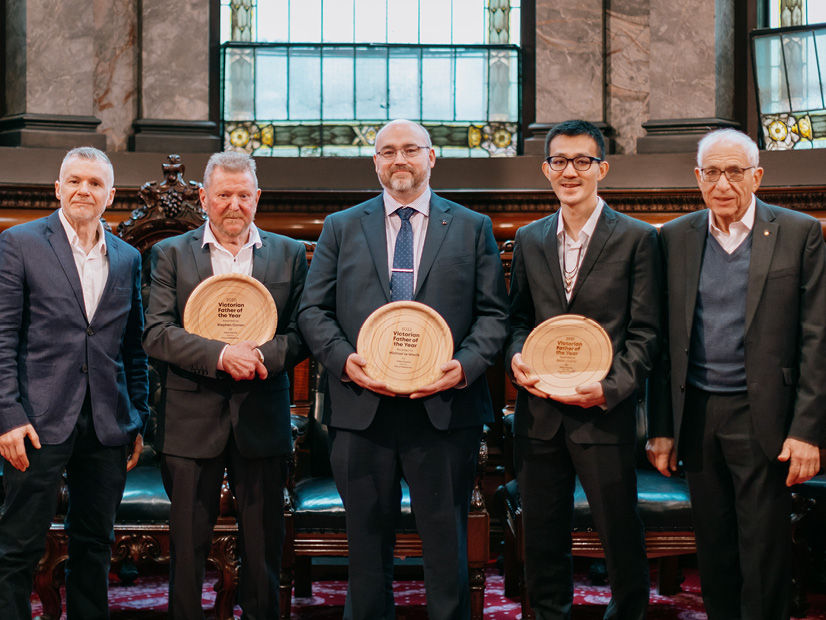 Five Victorian Father of the Year winners onstage at Melbourne Town Hall
