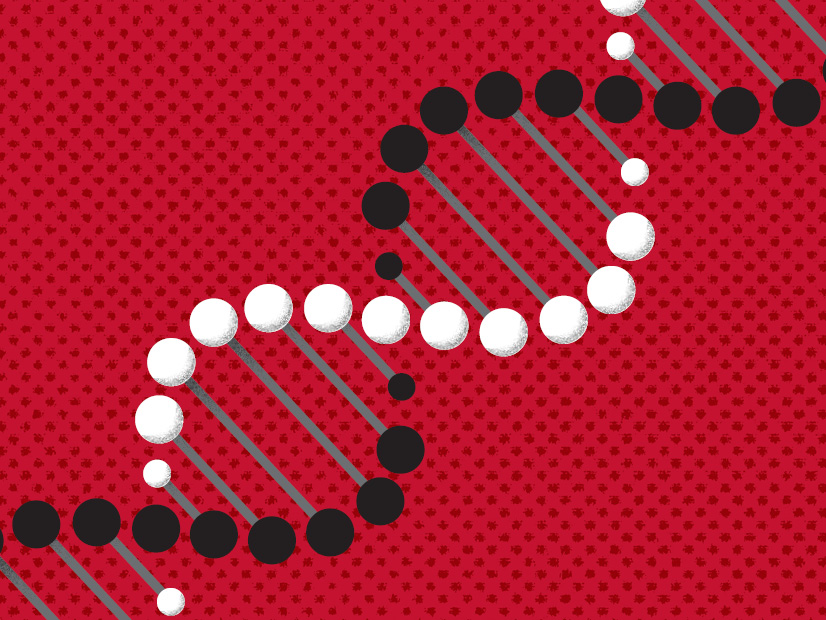 Graphic image of a DNA helix with a dark red background.
